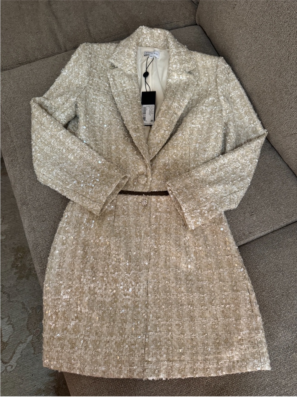Gianni Bini Cream Sequin Tweed Blazer & Skirt Set